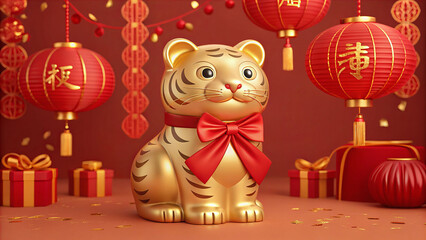 Golden tiger figurine celebrates chinese new year festive decorations indoor setting vibrant atmosphere