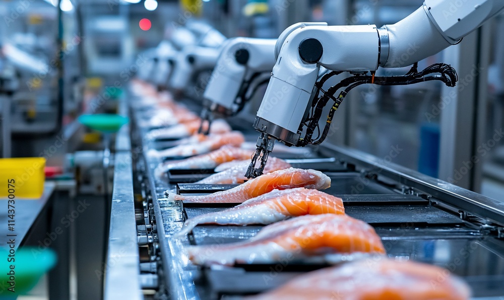 Poster robotic arms processing fish fillets on a conveyor belt in a modern factory setting.