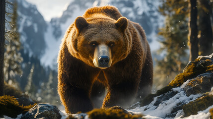Obraz premium brown bear walking through the snow-covered forest