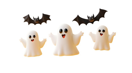 Obraz premium Cute ghosts with bat on yellow background, Happy Halloween day 3d illustration