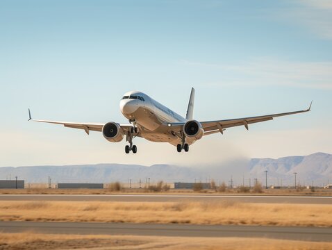 Airplane taking off from the airport. Passenger plane fly up over take-off runway from airport.
