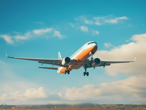 Airplane taking off from the airport. Passenger plane fly up over take-off runway from airport.
