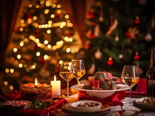 Christmas turkey dinner. Baked turkey of Christmas tree and candles Christmas or New Year dinner Traditional festive food for Christmas or Thanksgiving