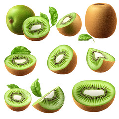 Fototapeta premium Kiwi fruit slices, halves & whole, isolated on transparent background.
