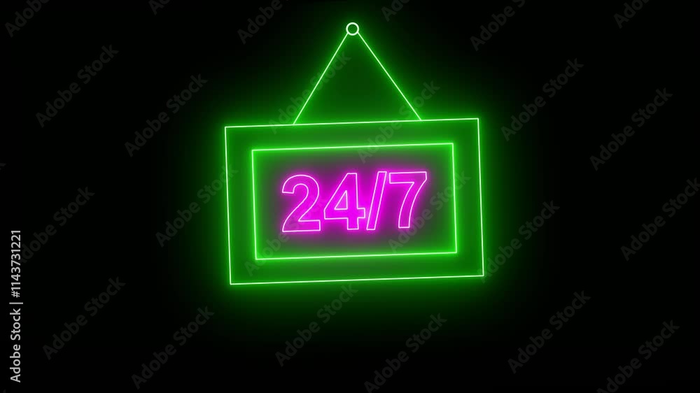Aufkleber neon 24/7 text animation time clock animated icon glow effect. scaling digits. equation math, stopwa