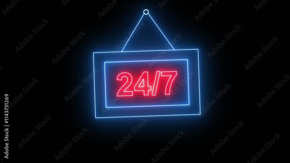 Poster neon 24/7 text animation time clock animated icon glow effect. scaling digits. equation math, stopwa