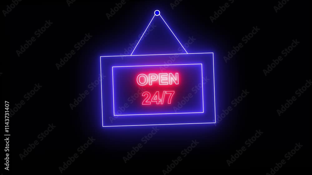 Poster neon open 24/7 text animation. neon sign text animation open 24 hours on black background .text by n