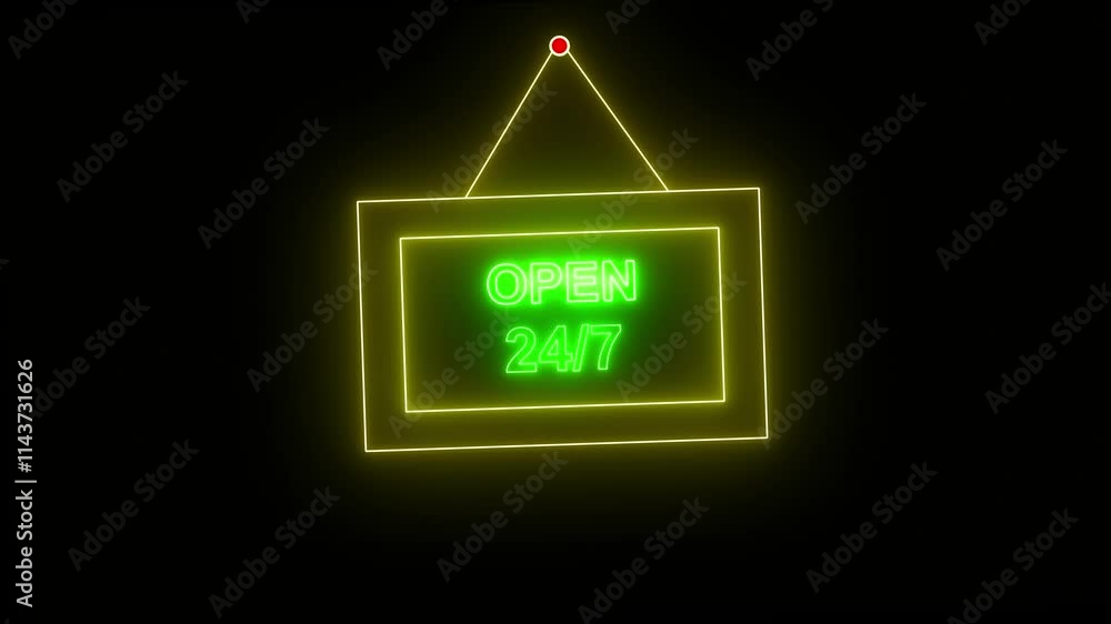 Poster neon open 24/7 text animation. neon sign text animation open 24 hours on black background .text by n