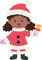 A girl with dark skin color wearing Santa costume and holding a bell with ribbon. Christmas. Vector Illustration.