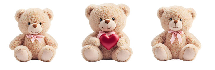 Obraz premium Adorable Teddy Bears Holding Hearts, Isolated on White Background
