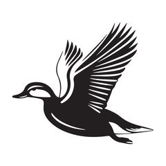 Flying duck silhouette isolated on white background, Minimal flying duck vector silhouette