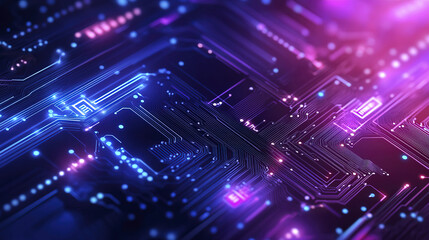 Vibrant blue and purple technology circuit board background with glowing lights