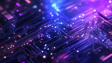 Fototapeta premium Blue and purple technology circuit board with glowing lights and patterns