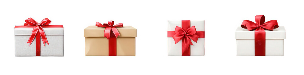 Obraz premium four gift boxes with red ribbons and bows isolated on transparent background the boxes are in various colors. one is brown. one is white. and the other two are white with a red ribbon and a bow