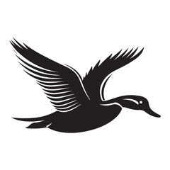 Fototapeta premium Flying duck silhouette isolated on white background, Minimal flying duck vector silhouette