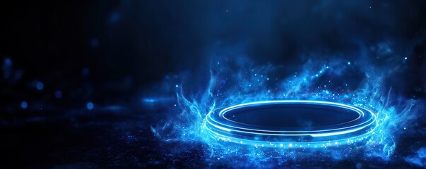 A glowing blue circular portal on a dark background, surrounded by a splash of radiant energy, evoking a sense of mystery and otherworldliness.