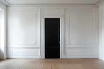 Interior design minimalist room white walls wooden floor black door white door frame