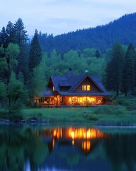 Obraz premium Cozy Lakeside Cabin Retreat in the Serene Forest at Twilight