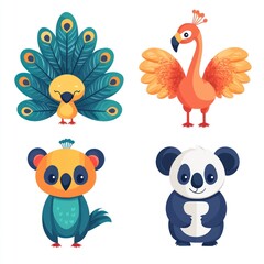 Fototapeta premium Colorful and Playful Cartoon Animals Featuring a Peacock, Flamingo, Koala, and Panda Ideal for Kids' Designs, Illustrations, and Educational Materials
