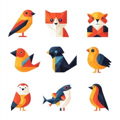 Fototapeta premium Colorful Geometric Animals Collection Featuring Birds and Fox in a Modern Art Style with Vibrant Shapes and Patterns