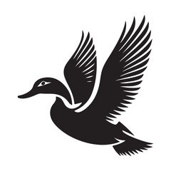 Flying duck silhouette isolated on white background, Minimal flying duck vector silhouette