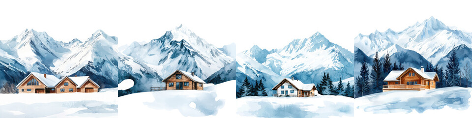 Idyllic winter mountain landscape with cozy wooden cabins