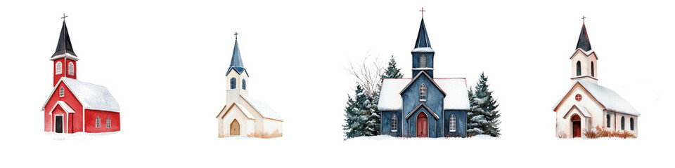 Picturesque Winter Village Church with Snowy Landscape and Steeple
