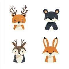 Fototapeta premium Cute Forest Animal Illustrations Featuring Fox, Bear, Deer, and Rabbit in Whimsical Style, Perfect for Kids' Decor, Educational Materials, and Graphic Design Projects