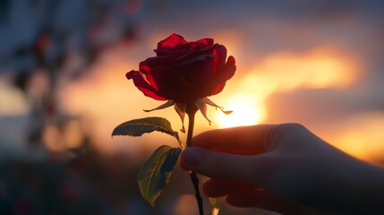Elegant Red Rose Silhouette Against a Beautiful Sunset Background