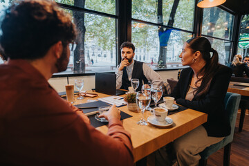 A group of business people engaged in a meeting at a stylish cafe. They are discussing ideas over coffee, highlighting teamwork and communication in a relaxed, informal setting.