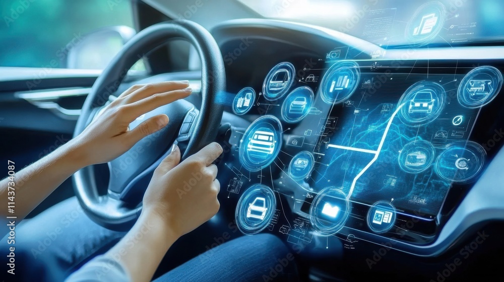 Aufkleber the driver's fingers click on various holographic images displayed on the car dashboard for intellig