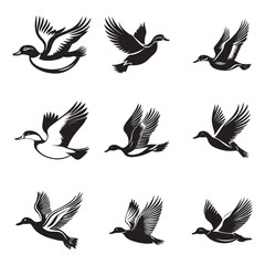 Flying duck set silhouette isolated on white background, Minimal flying duck vector silhouette