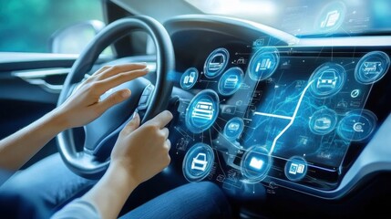 The driver's fingers click on various holographic images displayed on the car dashboard for intelligent driving