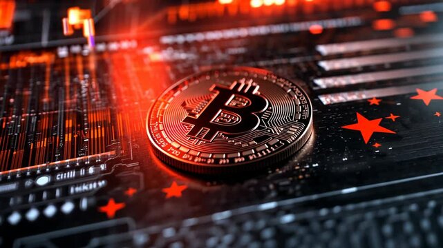 bitcoin coins token on table with stars and stripes pattern resemble America national flag