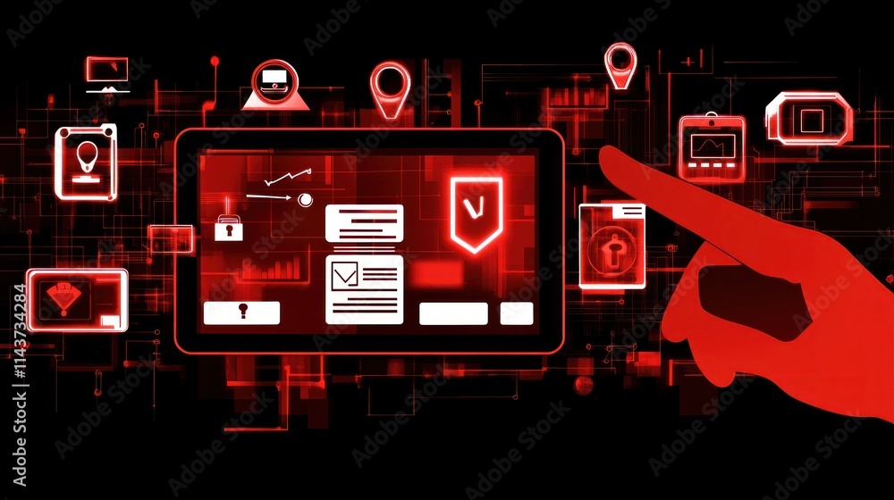 Poster red hand interacts with tablet displaying security interface.