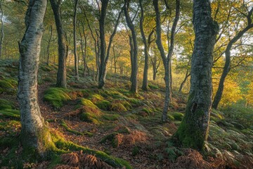 Fototapeta premium Lush green forest Sunlit woodland Tall pine trees Dappled sunlight