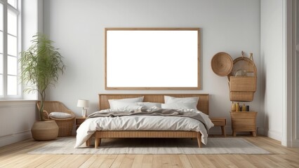 Modern Minimalist Bedroom Design With Wooden Bed And Artwork