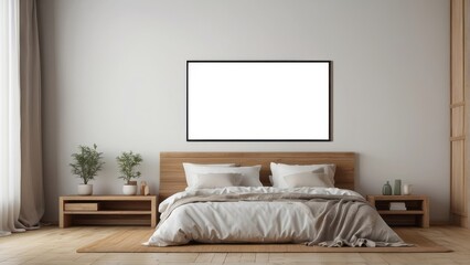 Minimalist Bedroom Design Featuring Wooden Bed and Blank Canvas