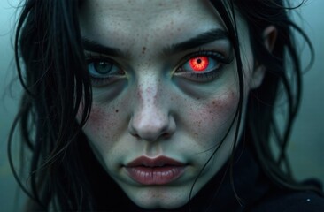 Mysterious scene with a focus on the intense gaze of a person, symbolizing the concept of the evil eye and dark magic, surrounded by an ominous, mystical atmosphere