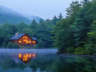 Fototapeta premium Misty Mountain Lakefront Cabin Retreat at Dusk