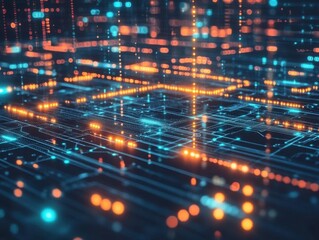 Fototapeta premium The image is a computer screen with a lot of glowing lights and numbers. The colors are bright and vibrant, creating a sense of energy and excitement. The numbers are arranged in a grid-like pattern