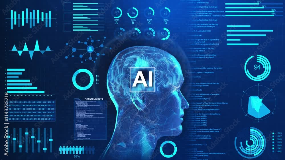 Poster futuristic ai technology to help big data. using learning of artificial intelligence for business an