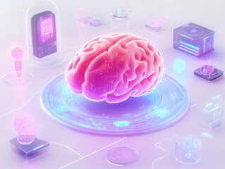 A pink brain is surrounded by a colorful background with a variety of other objects. The brain is surrounded by a circle, and the objects are scattered around it. Scene is playful and imaginative