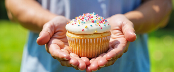 Delightful cupcake with colorful sprinkles held in hands against a sunny outdoor backdrop