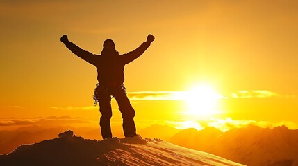 Fototapeta premium A climber celebrating on a snowy summit, silhouetted against a golden sunrise, with crisp mountain air and untouched snow glistening in the sunlight.