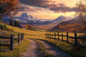 Majestic alpine landscape Bavarian church autumn foliage dramatic sunset sky