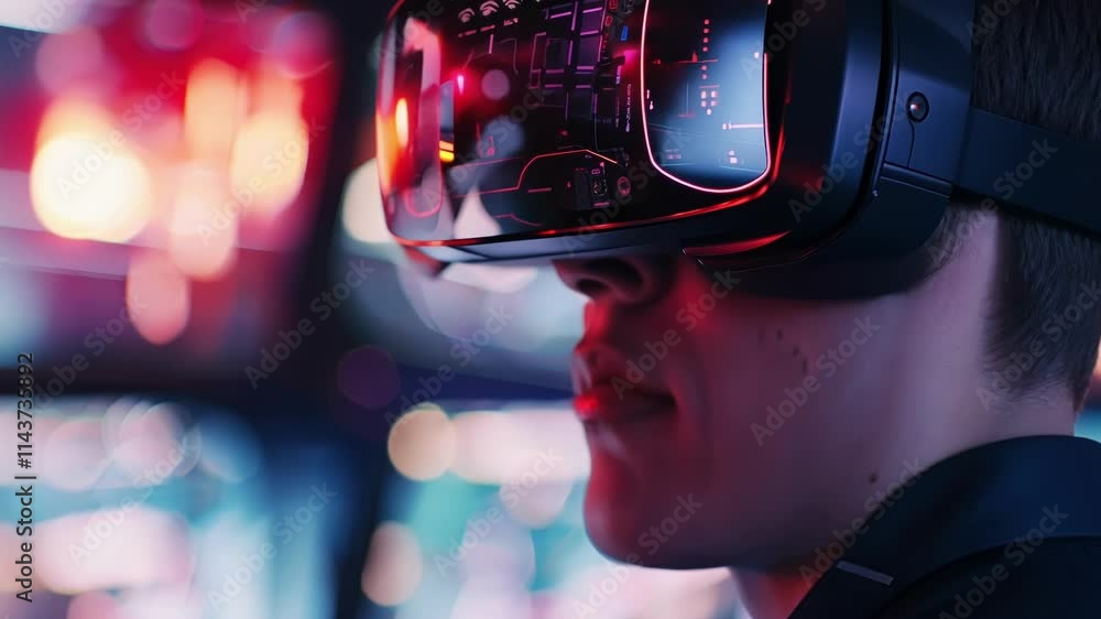 Poster software engineer wearing vr glasses and analyzing big data on multiple screens in a dark room with 
