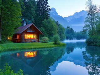 Fototapeta premium Tranquil Lakeside Cabin Retreat in the Serene Mountain Valley at Dusk