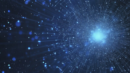 Abstract blue technology concept background with glowing particles and light rays