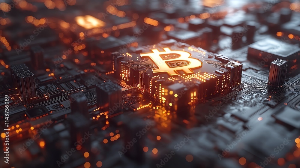 Poster a close-up view of a bitcoin symbol glowing on a circuit board, representing cryptocurrency.